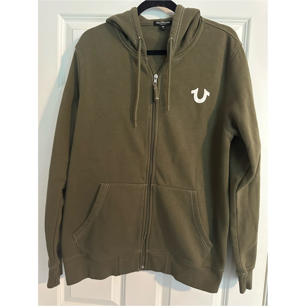 True Religion Men's Size L Olive Green Zip-Up Hoodie‎ Streetwear Y2K Logo